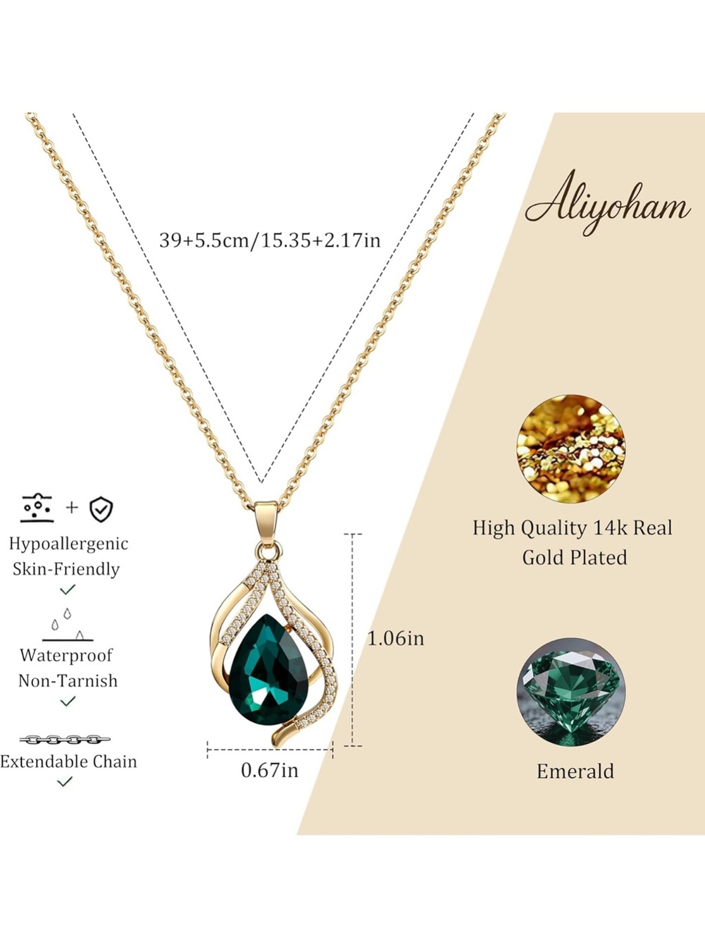 Anthropologie Gold Necklace with Emerald Green Teardrop Pendant - Picture 2 of 3